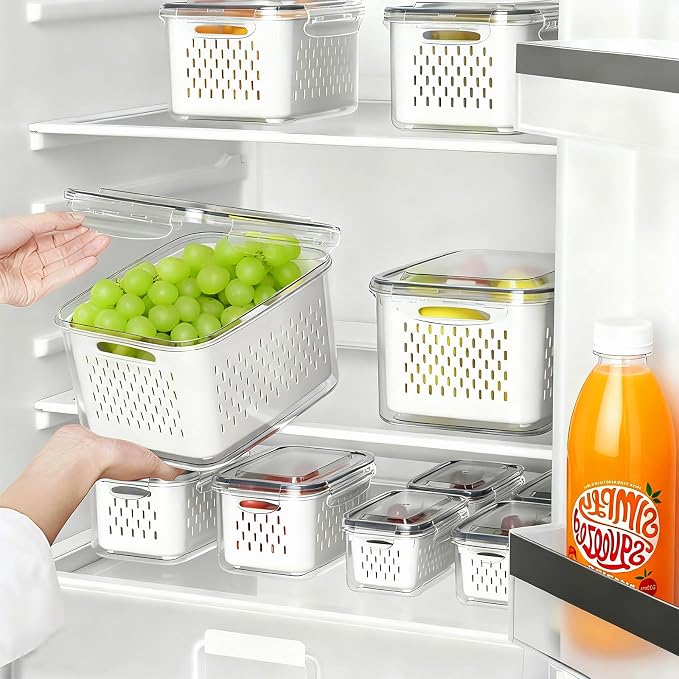KUK 5 Pack Fruit Storage Containers for Fridge, Leakproof Food Containers with Removable Colander, Fruit Containers for Fridge BPA Free Produce Containers Keep Vegetables Berry Meat Fresh Longer (5)
