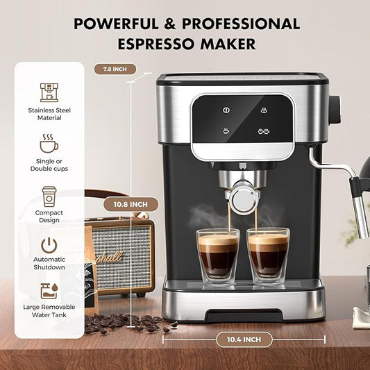 20-BAR Professional Espresso Machine, with Led Touchscreen Controls, Powerful Milk Frother, for Making Cappuccinos & Lattes at Home, Black