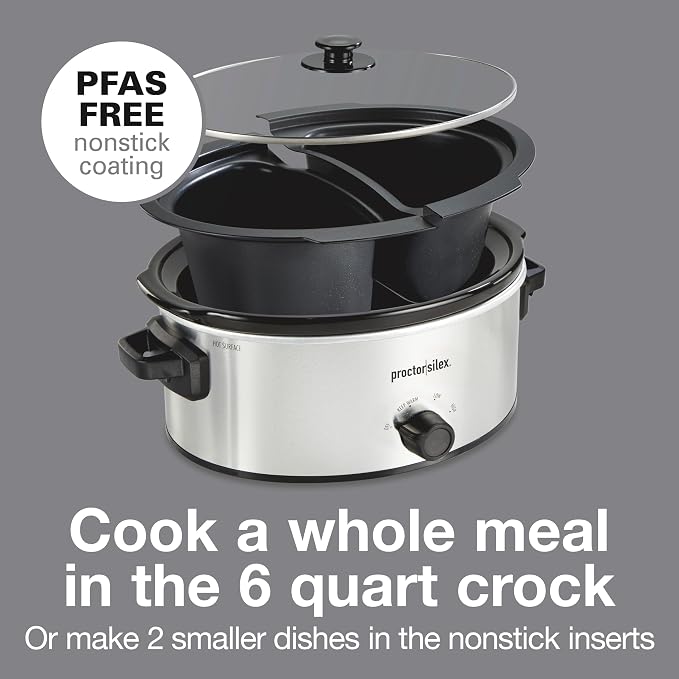 Proctor Silex Double Dish Slow Cooker with 6qt Crock and Dual 2.5qt Nonstick Insert to Cook Two Meals at Once, Dishwasher Safe Pot & Lid, Silver (33563)