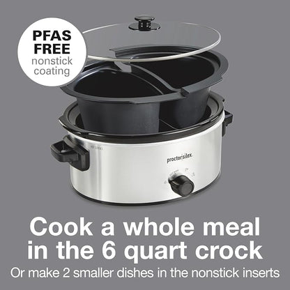 Proctor Silex Double Dish Slow Cooker with 6qt Crock and Dual 2.5qt Nonstick Insert to Cook Two Meals at Once, Dishwasher Safe Pot & Lid, Silver (33563)
