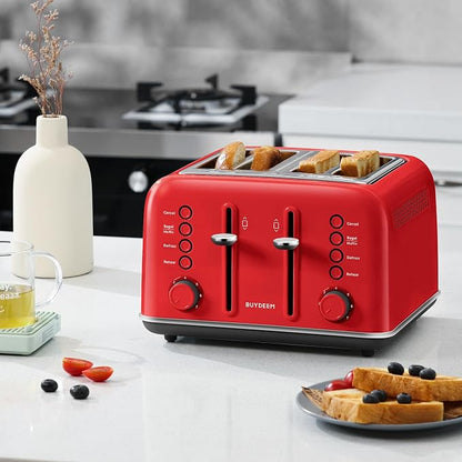 BUYDEEM DT640 4-Slice Toaster, 7 Shade Settings, Extra Wide 1.5’’ Slots for Bagel & English Muffin, 6 Toasting Functions, Retro Stainless Steel Toaster with High Lift Lever, 1800W, Red