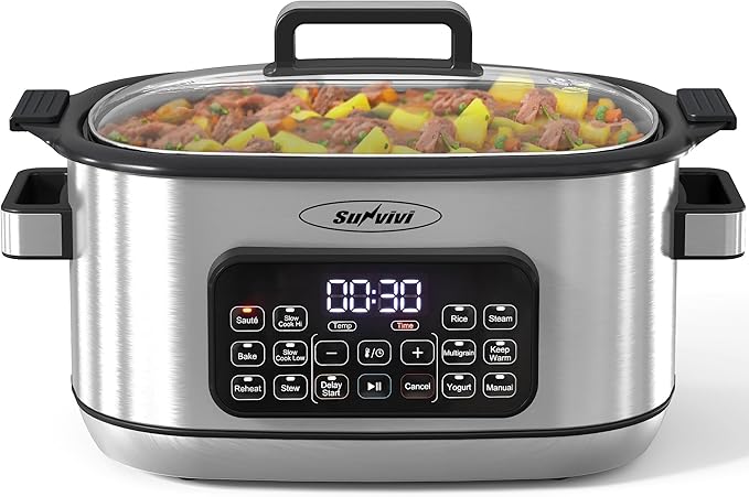 Sunvivi 12-in-1 Multi Cooker, 6.5QT Programmable Slow Cooker with Timer & Temp Control, Auto Warm Setting, Delay Start, Dishwasher Safe Lid & Removable Nonstick Crock, Stainless Steel Rack, Sliver