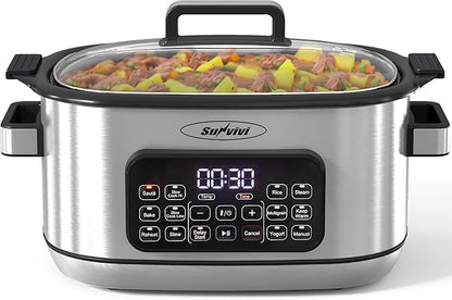 Sunvivi 12-in-1 Multi Cooker, 6.5QT Programmable Slow Cooker with Timer & Temp Control, Auto Warm Setting, Delay Start, Dishwasher Safe Lid & Removable Nonstick Crock, Stainless Steel Rack, Sliver