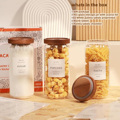 3 Pack Glass Canisters with Airtight Acacia Lids and 132 Kitchen Pantey Labels Preprint - 36 Fl OZ Borosilicate Glass Pantry Storage Jars Containers with Wooden Lids for Tea,Sugar,Cookie,Pasta,Candy