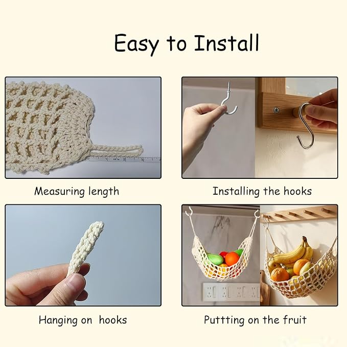 2 Pack Macrame Woven Hanging Fruit Hammock,13×16in Premium Cotton Fruit Basket with 8 Hooks Under Cabinet Hanging Storage Net for Fruit Veggie Kitchen Home Boat RV (Beige)
