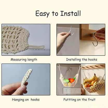 2 Pack Macrame Woven Hanging Fruit Hammock,13×16in Premium Cotton Fruit Basket with 8 Hooks Under Cabinet Hanging Storage Net for Fruit Veggie Kitchen Home Boat RV (Beige)