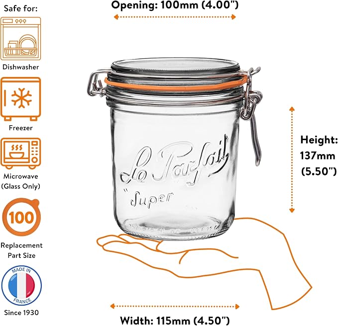 Le Parfait Super Terrine 750mL (24oz) Zero Waste Eco-Friendly Glass Canning Jar, Airtight Rubber Seal & Wire Bail Lid, BPA-Free, Water Bath Safe for Food Storage & Preserving, Made in France