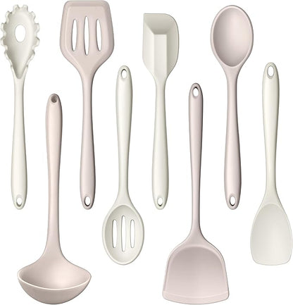 LIANYU 8Pcs Kitchen Utensils Set, Silicone Cooking Utensils Spatula Set for Nonstick Cookware, Include Silicone Spatula, Ladle, Turner, Spoon, Heat Resistant, Dishwasher Safe, Khaki White