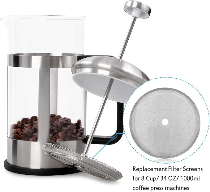 Boao 3 Packs French Press Replacement Cafetiere Filter Mesh Screen Coffee French Press Filters, 4 Inch Stainless Steel Reusable, for 8 Cup/ 34 OZ/ 1000 ml Coffee Tea Makers