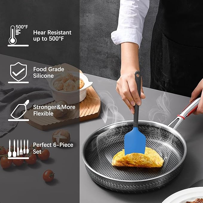 Silicone Spatula Set, 6 Pieces Food Grade Kitchen Utensils with Silicone Brush Heat Resistant Dishwasher Safe BPA-free Rubber Spatula for Scraping, Baking, Cooking, Mixing (Blue)