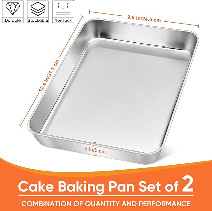 Herogo Rectangle Cake Pan Set of 2, 9 X 12 X 2 Inch Stainless Steel Baking Pan for Oven, Lasagna Brownies Casseroles Cakes Bakeware, Dishwasher Safe