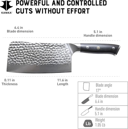KANKA Grill 7" Damascus Steel Meat Cleaver Knife - Heavy Duty Butcher, Chopper, Razor Sharp, 67 Layers, G10 Black Fiberglass Handle, High Carbon Blade for Meat, Vegetables & Bone Cutting