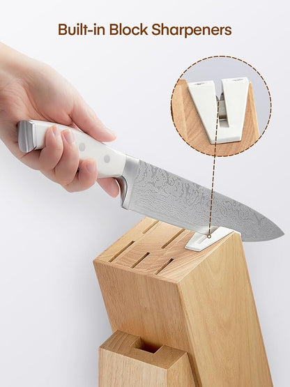 Knife Set, D.Perlla 8 Pieces Kitchen Knife Set with Built-in Sharpener, HIgh Carbon German Stainless Steel Knife Block Set with Unique Waved Pattern, Non-slip Handle, White