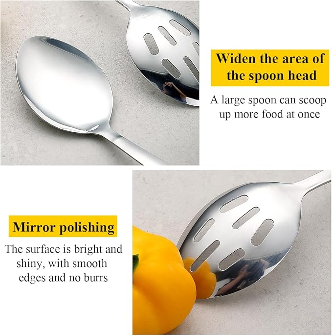 Kyraton Cooking Spoon Set, Stainless Steel Kitchen Cooking Serving, Solid Spoon, Slotted Spoon, Heat Resistant Handle, Dishwasher Safe, Easy to Clean