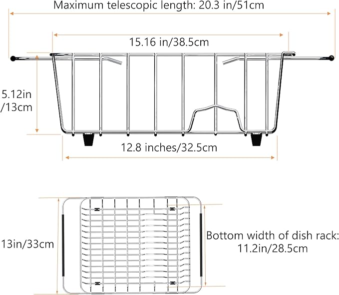 NiuYichee Stainless Steel Dish Drying Rack(15"L X 12.6"W X 4.7"H), Expandable Fruit & Vegetable Drain Rack over Sink, Dish Drainer Rack in Sink, with Stainless Steel Utensil Holder & Silicone Mat(16")