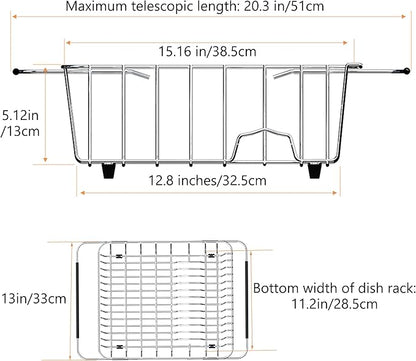NiuYichee Stainless Steel Dish Drying Rack(15"L X 12.6"W X 4.7"H), Expandable Fruit & Vegetable Drain Rack over Sink, Dish Drainer Rack in Sink, with Stainless Steel Utensil Holder & Silicone Mat(16")