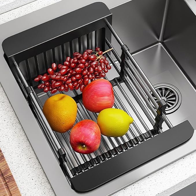 Dish Drying Rack, Adjustable Stainless Steel Drainer Basket Drain Tray for Dishes, Vegetables, and Fruit, On or in Sink Kitchen Basket Dish Drying Rack (Black)