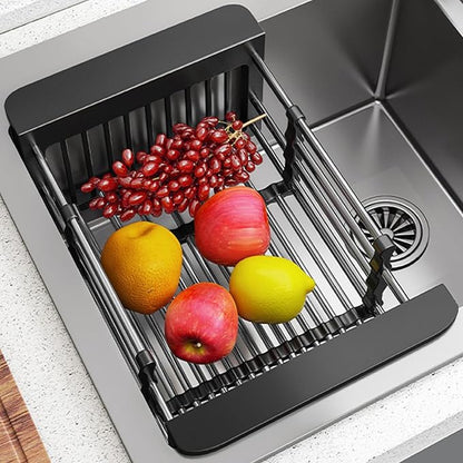 Dish Drying Rack, Adjustable Stainless Steel Drainer Basket Drain Tray for Dishes, Vegetables, and Fruit, On or in Sink Kitchen Basket Dish Drying Rack (Black)