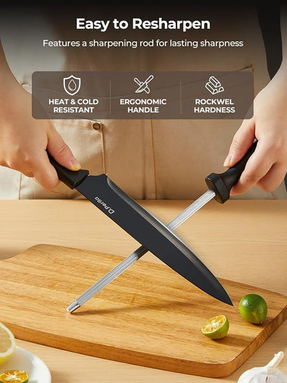 Knife Set, D.Perlla 15 Pieces Knife Sets for Kitchen with Block, Dishwasher Safe Kitchen Knife Set with Sharpener Rod, Black Coating German Stainless Steel Knife Block Set, Non-stick & Non Rust, Black