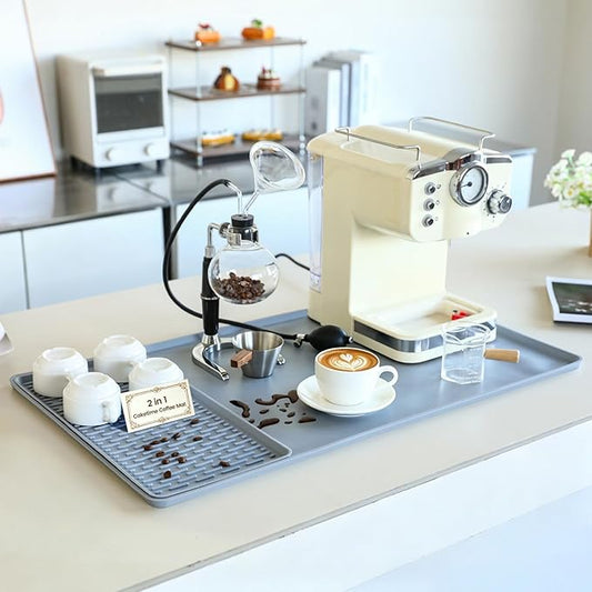 2 In 1 Extra Large 16"x28" Silicone Coffee Bar Mat Accessories for espresso Machine Detachable Dish Drying Rug Rack Stone Kitchen Dining Gears Coffee Station Home Decor Clearance Light Gray
