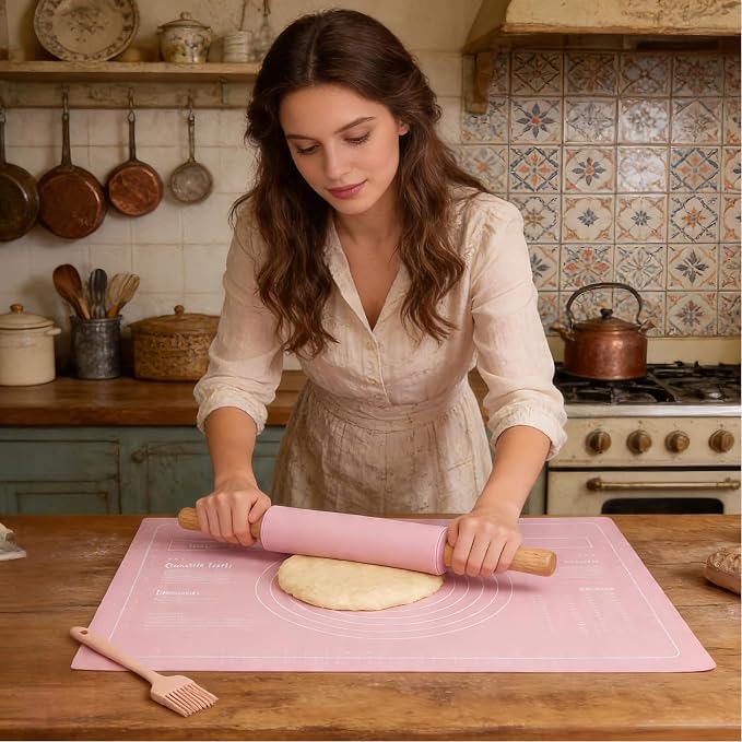 3Pcs Silicone Rolling Pin for Baking Sets,15Inch Pastry Dough Roller with Wooden Handle Silicone Mat and Brush, Non Stick Surface Rolling Pins for Dough Cookie Baking Supplies Kitchen Accessories