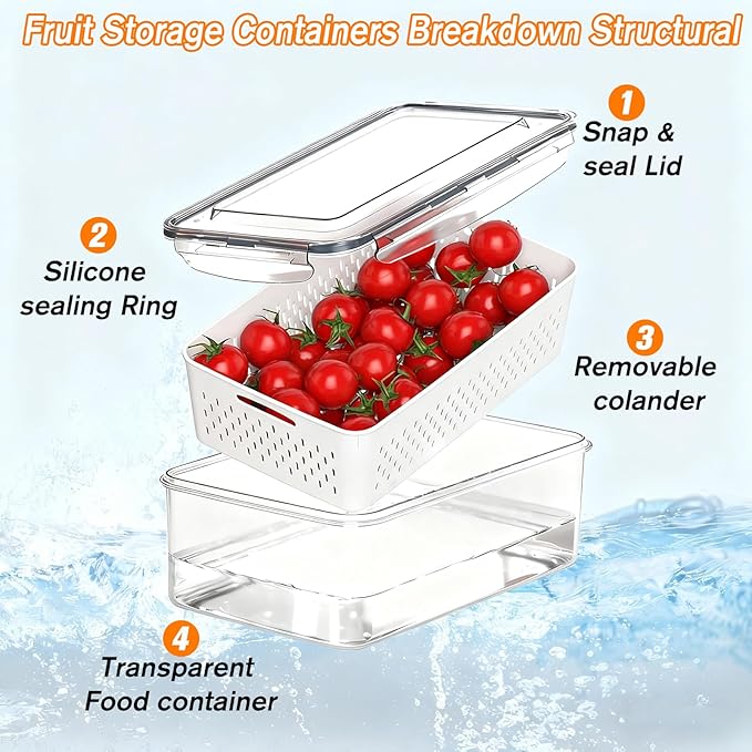 KUK 5 Pack Fruit Storage Containers for Fridge, Leakproof Food Containers with Removable Colander, Fruit Containers for Fridge BPA Free Produce Containers Keep Vegetables Berry Meat Fresh Longer (5)