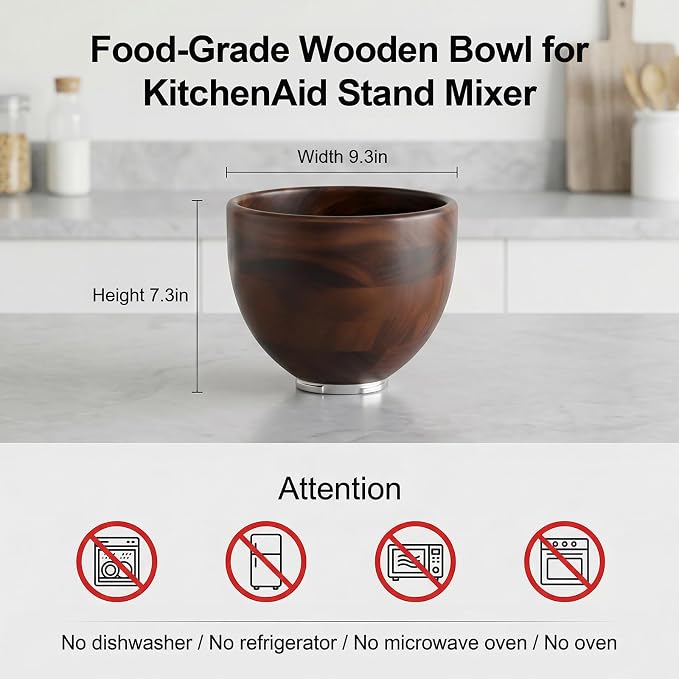 GVODE Premium Wooden Bowl for KitchenAid Mixer, Perfect Compatible with 4.5-5 Quart Tilt-Head Models (K45 KSM75 KSM150 KSM175), Natural Handcrafted Wooden Bowl with Stainless Steel Locking Base