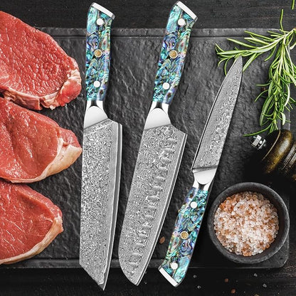 Home Safety Damascus Knife Set of 3, 12.4-19cm Chef's Knife Set Made of 67 Layers of VG-10 Damascus Steel, Santoku Knifves, Kiritsuke Knife with Ergonomic Abalone Shell Handle, Gift Box