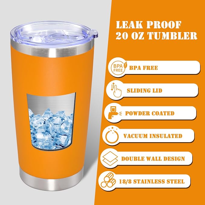 20 oz Tumbler with lid Double Wall Vacuum Insulated Tumblers Stainless Steel Coffee Mug Travel Coffee Tumbler Powder Coated Tumbler Cup Keep Hot&Cold - (Orange 12 Pack)