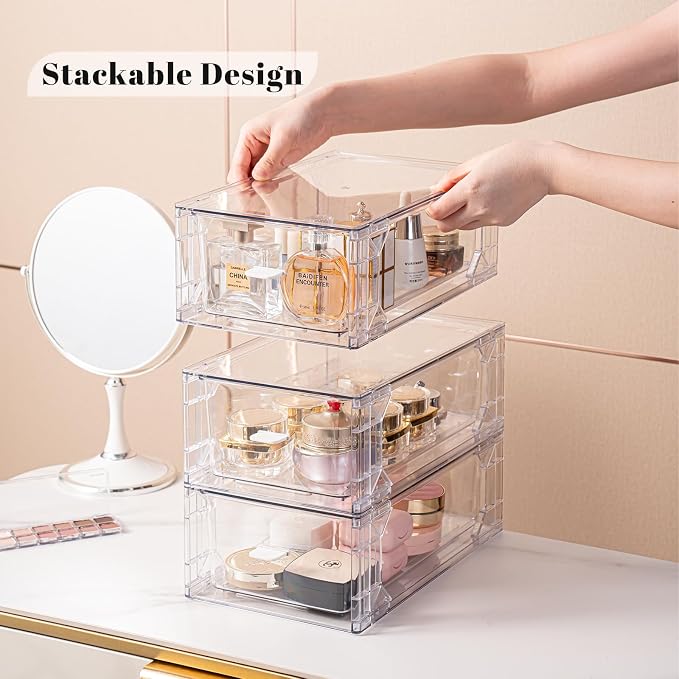 Clear Acrylic Stackable Storage Drawers, Plastic Refrigerator Organizer Bins with Handles for Undersink, Cabinet, Fridge, Closet, Pantry, Office, Bathroom, Kitchen(4 Pack)