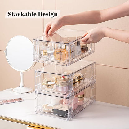 Clear Acrylic Stackable Storage Drawers, Plastic Refrigerator Organizer Bins with Handles for Undersink, Cabinet, Fridge, Closet, Pantry, Office, Bathroom, Kitchen(4 Pack)