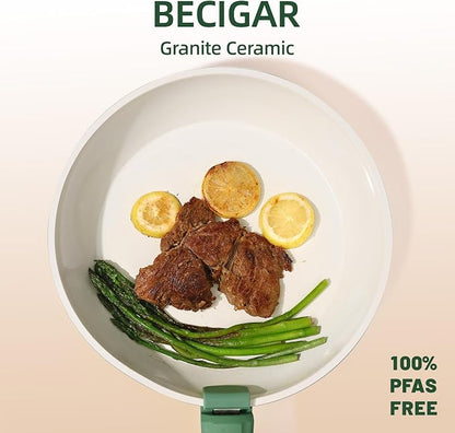 BECIGAR 23pcs Ceramic Pots and Pans Set, Nonstick Detachable Handle Cookware, Induction Kitchen Cooking Set with Removable Handle,include Frying Pans & Saucepans Oven Safe(Green)