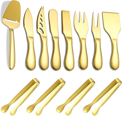 Premium Stainless Steel Gold Cheese Tool Set - 12 Piece Cheese Knife & Cheese Markers Gifts Set - Cut, Butter Spreader Slicer Mini Serving Tongs,Birthday Wedding Christmas All Your Favorite Cheeses