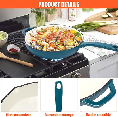 QuliMetal Nonstick Enameled Cast Iron Skillet Set (8", 9.5", 11") - Healthy Non-Toxic, PFOA/PFAS/PTFE-Free, All Stovetops Compatible, Light Cyan, 3-Pieces