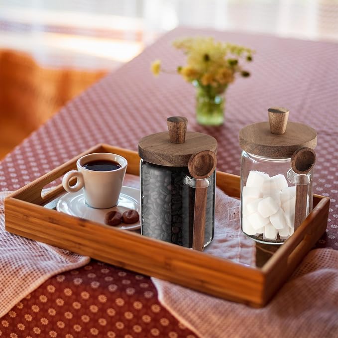 Remerry Set of 4 Glass Jar with Wooden Lid and Spoon, 20 oz Coffee Bean Tea Sugar Jar Set, Clear Airtight Spice Canisters Glass Food Storage Kitchen Containers for Coffee Bean Tea Sugar