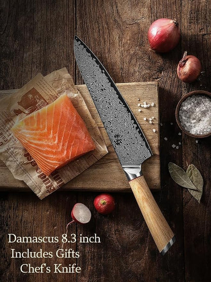 DONGSUN 8 Inch Damascus Chef Knife with North American Black Walnut Sheath, 67-Layer VG10 Forged Steel Japanese Gyuto, Professional Durable Sharpness