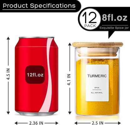 12 Pcs Glass Spice Jars with Bamboo Airtight Lids & 201 Labels - 8oz Small Empty Food Storage Containers for Kitchen, Seasonings, Herbs, Salt