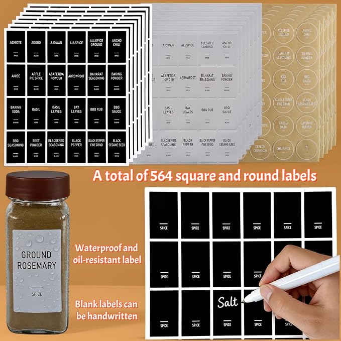 Spice Jars with Labels - 24 Glass Spice with Shaker Lids & Airtight Plastic Caps - 4oz Complete Seasoning Containers Organizer Set for Cabinet, Drawer & Rack (Brown)
