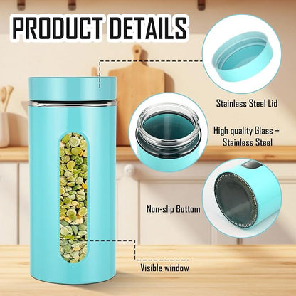 Mimorou 3 Pcs Stainless Steel Canister Set with Glass Windows Visible Storage Jars Silver Kitchen Canister Set for Pasta Flour Oat Sugar Container, Kitchen Tools, Housewarming Gifts(Turquoise,44 oz)