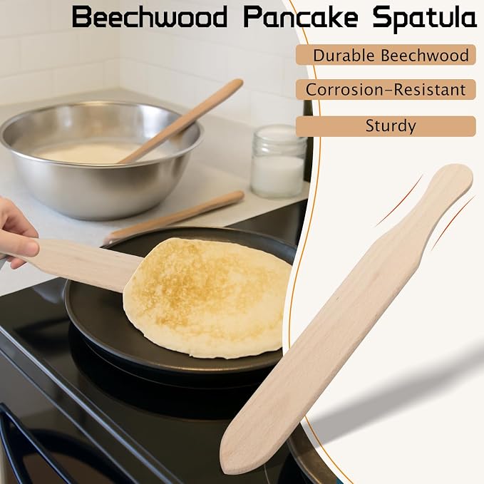 Crepe Spreader and Spatula Set – 4-Pack Natural Wood Pancake Tools with 3 T-Shaped Spreaders (3.5", 5", 7") & 13.4" Turner – Fits Any Crepe Pan or Maker