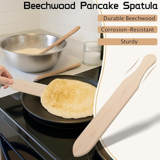 Crepe Spreader and Spatula Set – 4-Pack Natural Wood Pancake Tools with 3 T-Shaped Spreaders (3.5", 5", 7") & 13.4" Turner – Fits Any Crepe Pan or Maker