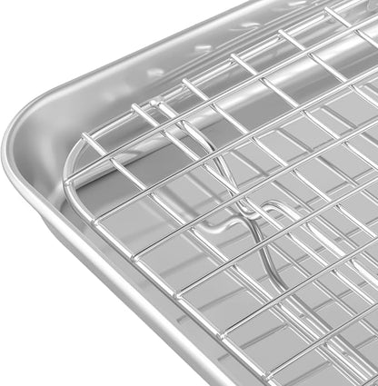 Set of 4 Baking Sheets with Rack, Stainless Steel Small Baking Tray, Oven Tray and Grid Rack for Baking Roasting, 9.4 x 7 x 1 inch