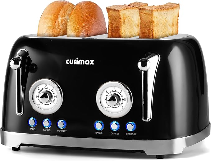 CUSIMAX Toaster 4 Slice, Retro Toaster with Wide Slots for Bagels, Stainless Steel with 6 Toast Settings, Bagel, Cancel, Defrost & Reheat Functions, Dual Independent Control Panels, Black
