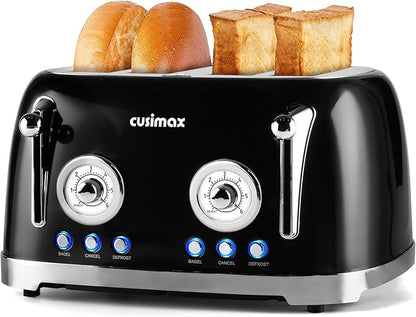 CUSIMAX Toaster 4 Slice, Retro Toaster with Wide Slots for Bagels, Stainless Steel with 6 Toast Settings, Bagel, Cancel, Defrost & Reheat Functions, Dual Independent Control Panels, Black
