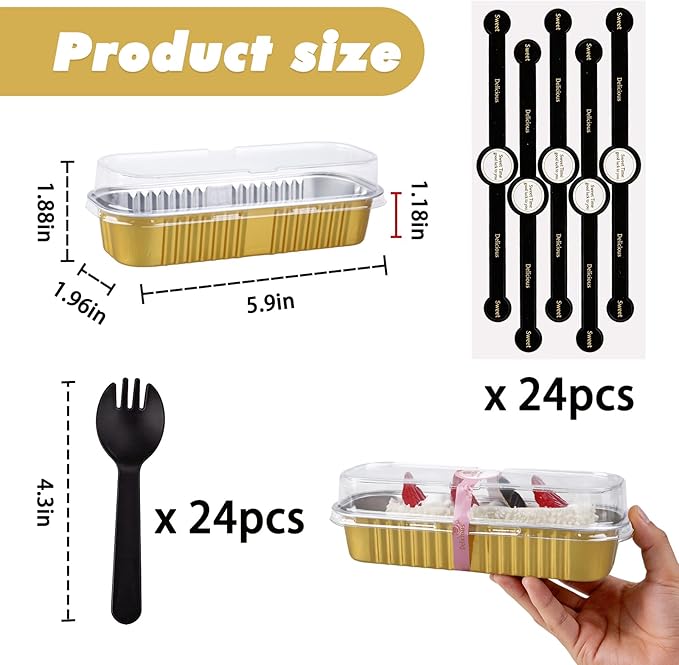 24 Pack Mini Loaf Pans, 7.5oz Mini Cake Pan & Mini Cupcake Pan Set – Disposable Aluminum Baking Pans with Lids, Spoons & Stickers, Premium Sturdy Gift Set for Cakes, Cupcakes, Desserts & Party Treats