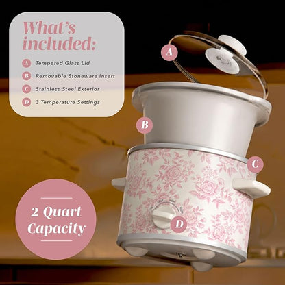 COOK WITH COLOR 2QT Mini Electric Round Slow Cooker - Adjustable Settings, Removable Stoneware Pot, Tempered Glass Lid, Dishwasher Safe, Cool-Touch Side Handles, Floral Pink