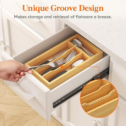 Lifewit Silverware Drawer Organizer, Expandable Utensil Tray for Kitchen, Flatware and Cutlery Holder, Wood Adjustable Storage for Spoons Forks Knives, 6.9 x 12.8, Natural