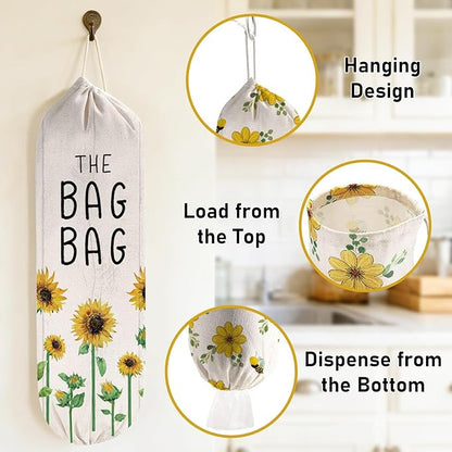 2Pcs Sunflower Plastic Bag Holder for Kitchen Essentials, Reusable Hanging Grocery Bag Organizer, Sunflower Gifts for Women, Washable Large Grocery Trash Bags Storage Dispenser