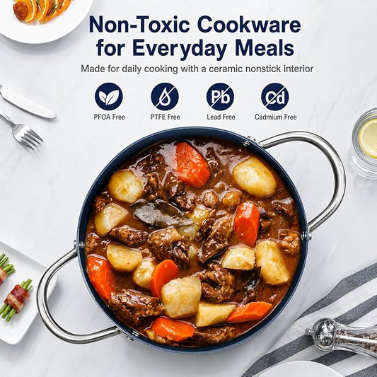 MICHELANGELO 6 Qt Ceramic Nonstick Stock Pot with Lid, Induction Ready | Ceramic nonstick coating | Stainless steel construction | Stay-cool handles | Ideal for soups, pasta, stews and family meals