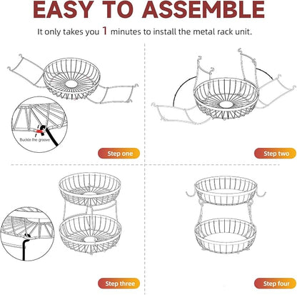 Sevenblue 2 Tier Large Fruit Basket for Kitchen Counter with 2 Banana Hangers, Metal Stackable Fruit Bowl for Kitchen Counter for Bread Vegetable Fruits, Black